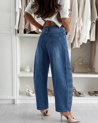 Women's Wide Leg Jeans High Waisted Side Button Denim Pants Distressed Washed Trousers Retro Y2K Streetwear
