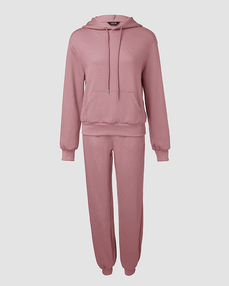 2 Pieces Outfit Kangaroo Pocket Thermal Lined Drawstring Hoodie Sweatshirt and Casual Elastic Waist Cinched Ribbed Cuffs Sporty Sweatpants Set