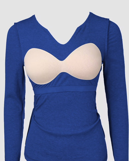 ChicMe Built-in Bra Notch Neck Long Sleeve Shirts Rib-Knit Ruched Waist Top