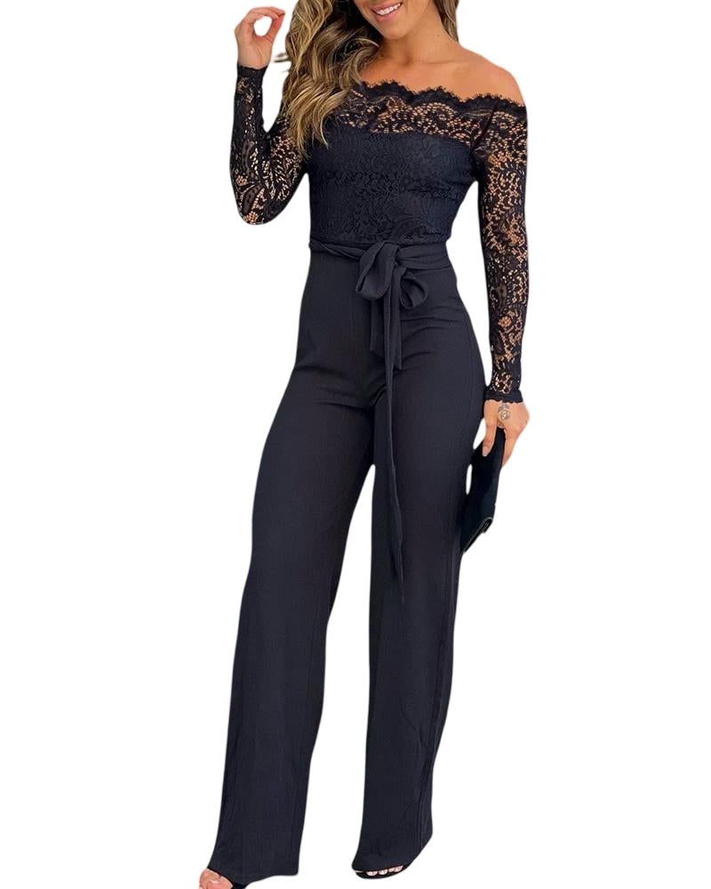 Off Shoulder Long Sleeve Eyelash Lace Spliced Slim Fit Overalls Casual Zipper Back Jumpsuit with Belt