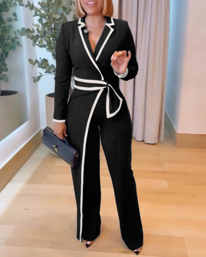 Contrast Paneled Notched Collar Padded shoulders Work Jumpsuit Casual Zipper Back Wrap Front Jumpsuit