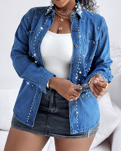 Pearls & Rhinestone Decor Turn-down Collar Button Front Denim Shirt Coat Casual Top