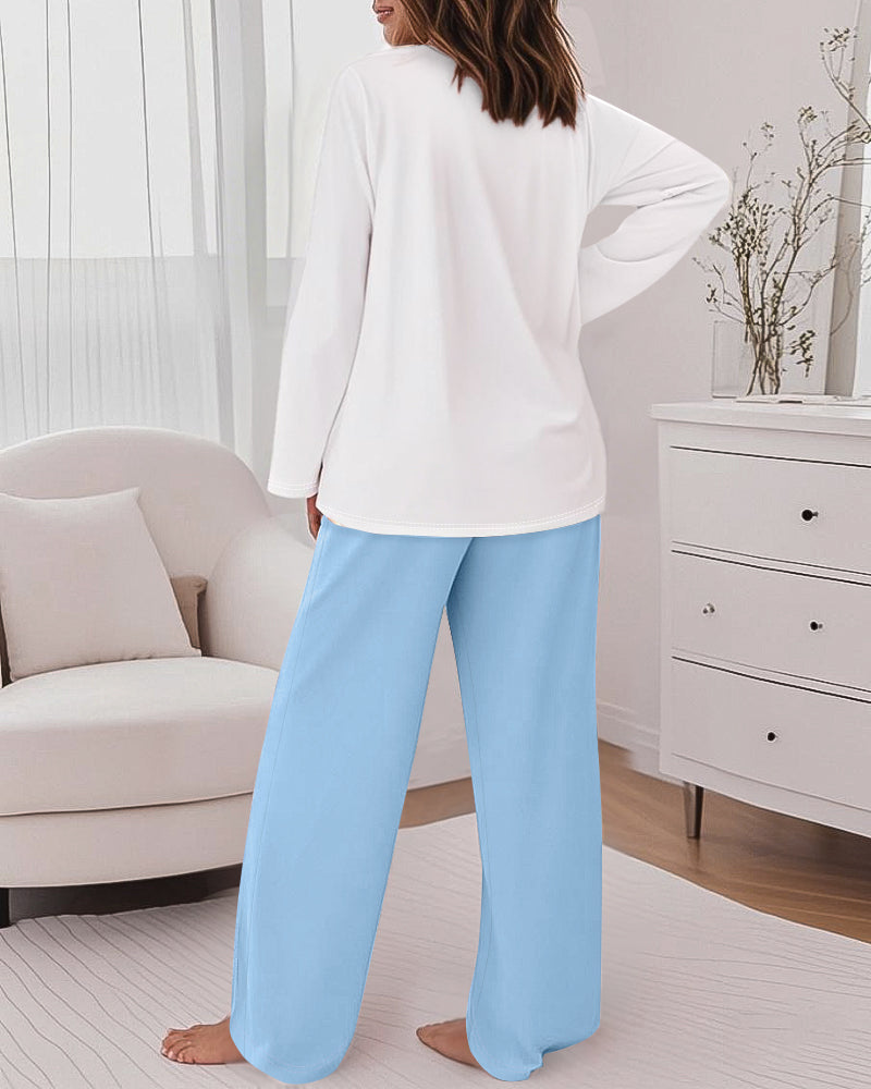 2 Pieces Outfit Floral Placement Print Long Sleeve Drop Shoulder Top and Elastic Waist Pants Set Causal Pajamas Set