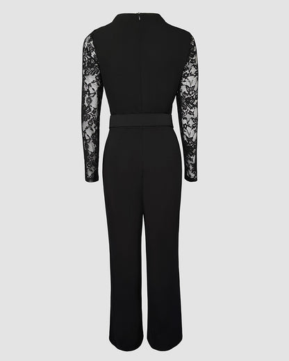 Rhinestone Decor Scallop Trim Deep V-Neck Floral Lace Spliced Overalls High Waist Zipper Back Straight Leg Jumpsuit with Belt