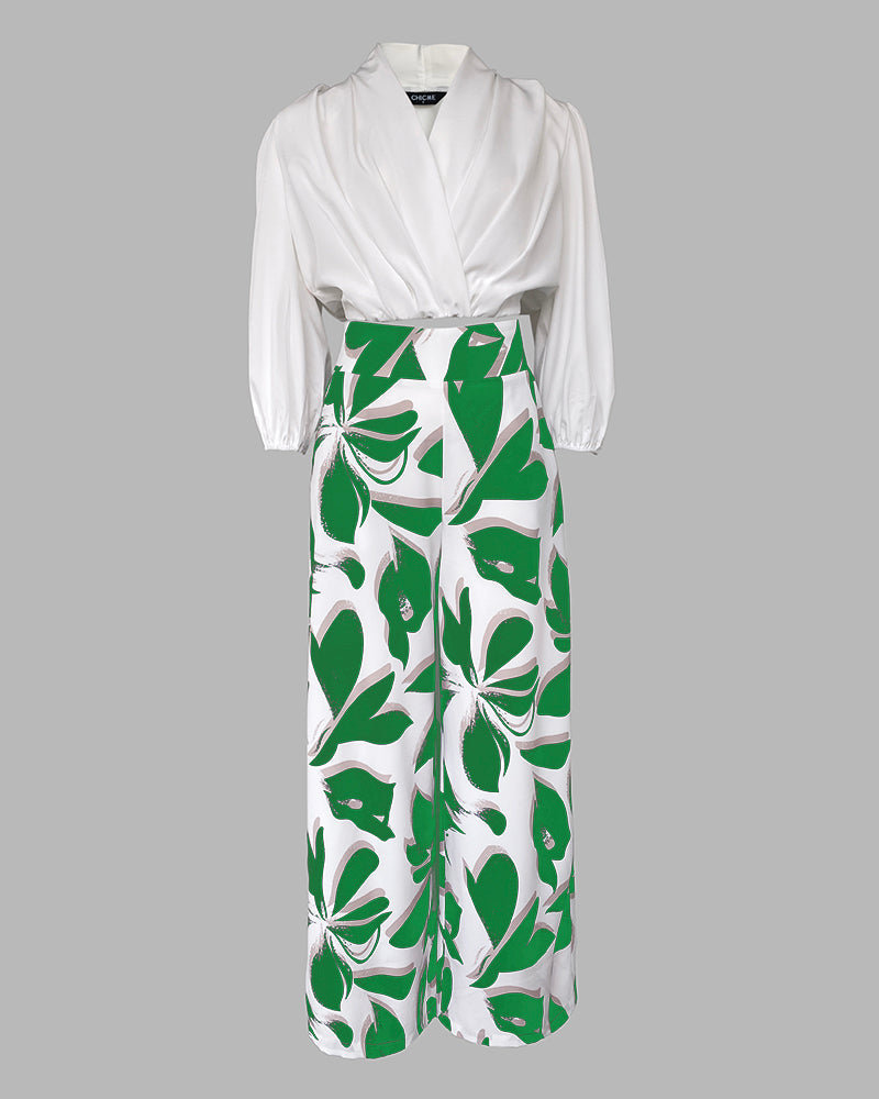 2 Pieces Outfit Wrap Plunge V Neck Crop Blouse and Casual Floral Print Wide Leg Pants Set