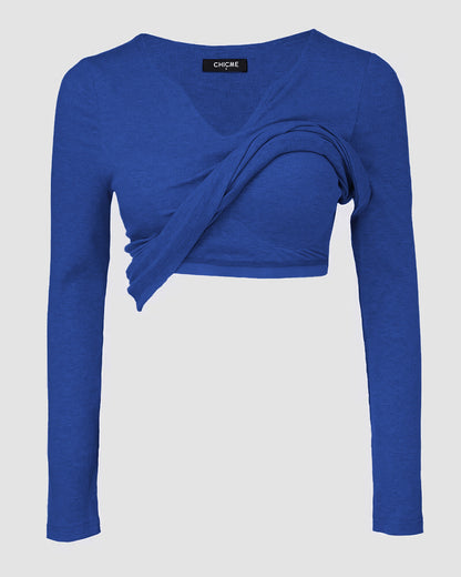 ChicMe Built-in Bra Notch Neck Long Sleeve Shirts Rib-Knit Ruched Waist Top