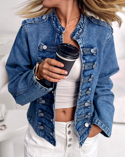 Button Decor Stand Collar Long Sleeve Jacket Casual Denim Coat