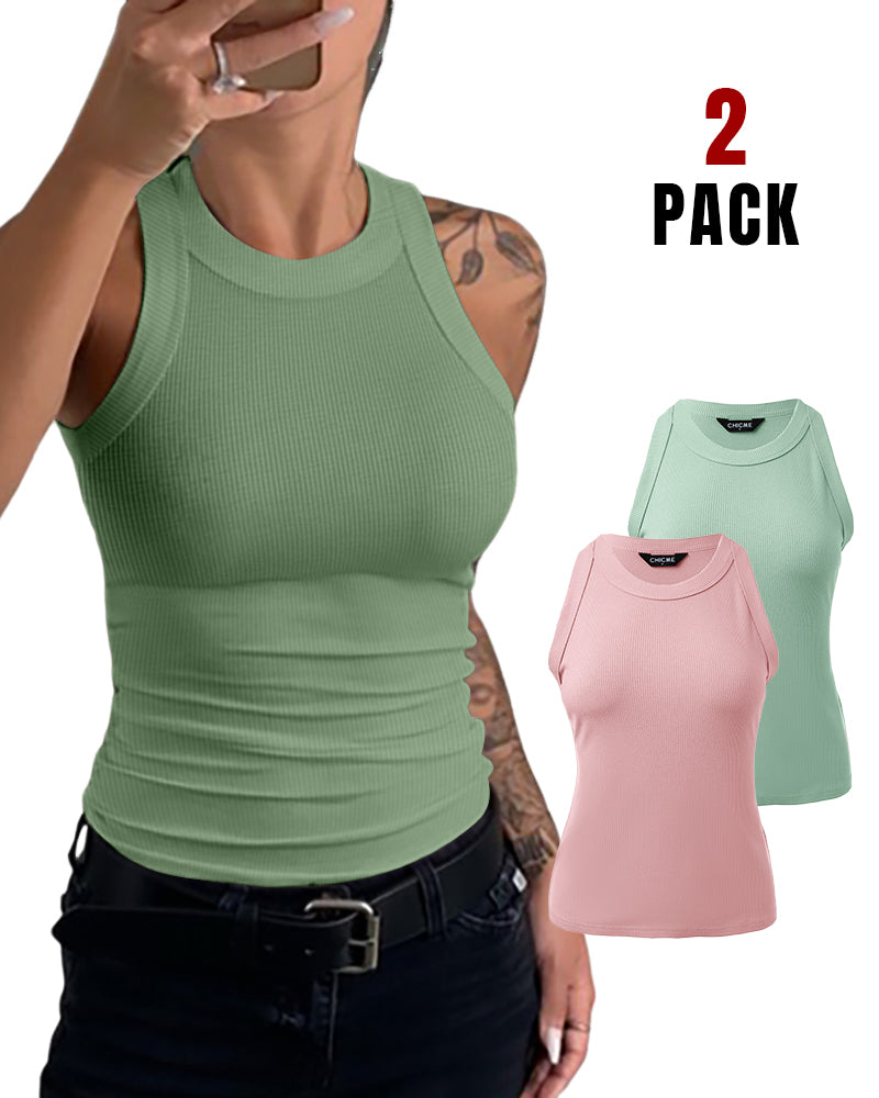 2-Pack Round Neck Thick Strap Racerback Ribbed Tank Slim Fit Tops without Bra Pads