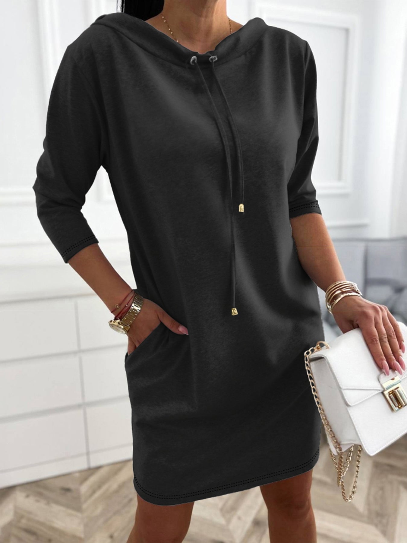 Stand Collar Drawstring Three Quarters Sleeve Casual Sweatshirt Dress