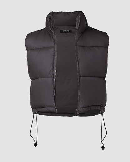 Stand Collar Zip Up Lightweight Cropped Puffer Vest Sleeveless Drawstring Hem Padded Coat