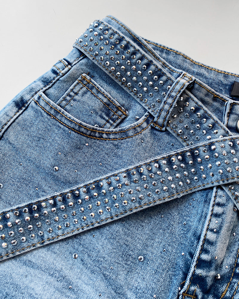 CHICMELIVE High Waisted Wide Leg Jeans for Women Rhinestone Embellished Denim Pants with Matching Sparkle Belt