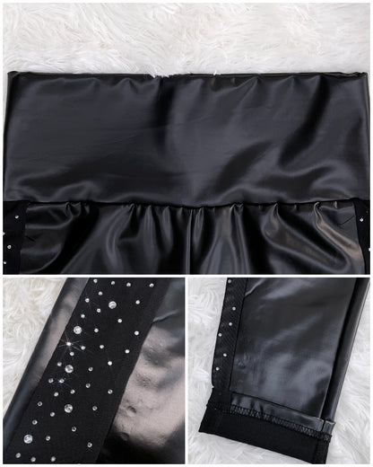 Rhinestone Contrast Mesh High Waist Skinny Pants Sexy Slim Fit Pu Leather Pants