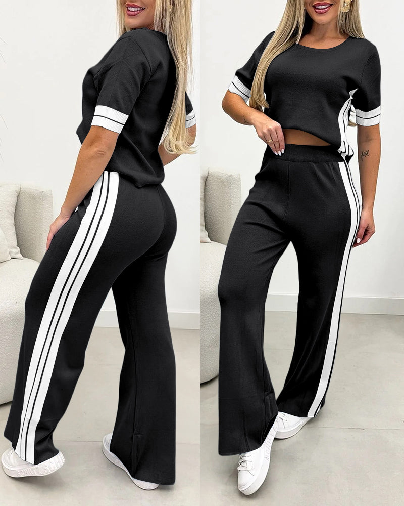 Women's Contrast Stripe 2 Piece Knit Outfits Short Sleeve Crewneck Top and Wide Leg Pants Set Casual Loungewear