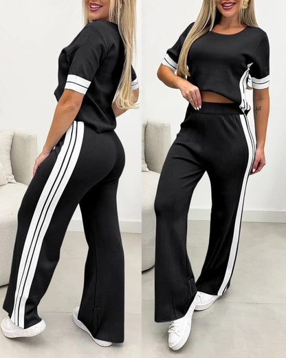 Women's Contrast Stripe 2 Piece Knit Outfits Short Sleeve Crewneck Top and Wide Leg Pants Set Casual Loungewear