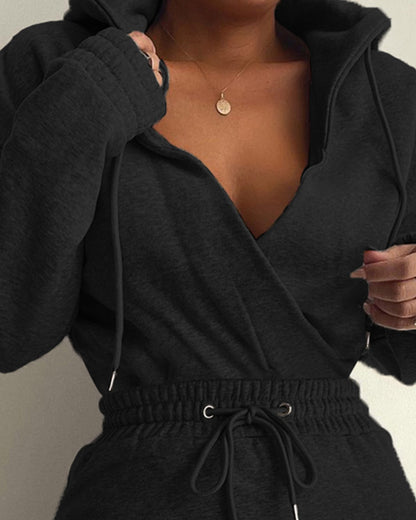 Overlap V-Neck Drop Shoulder Cinched Waist Drawstring Hoodie Dress Casual Flap Cargo Pockets Design Drawstring Elastic Waist Midi Dress