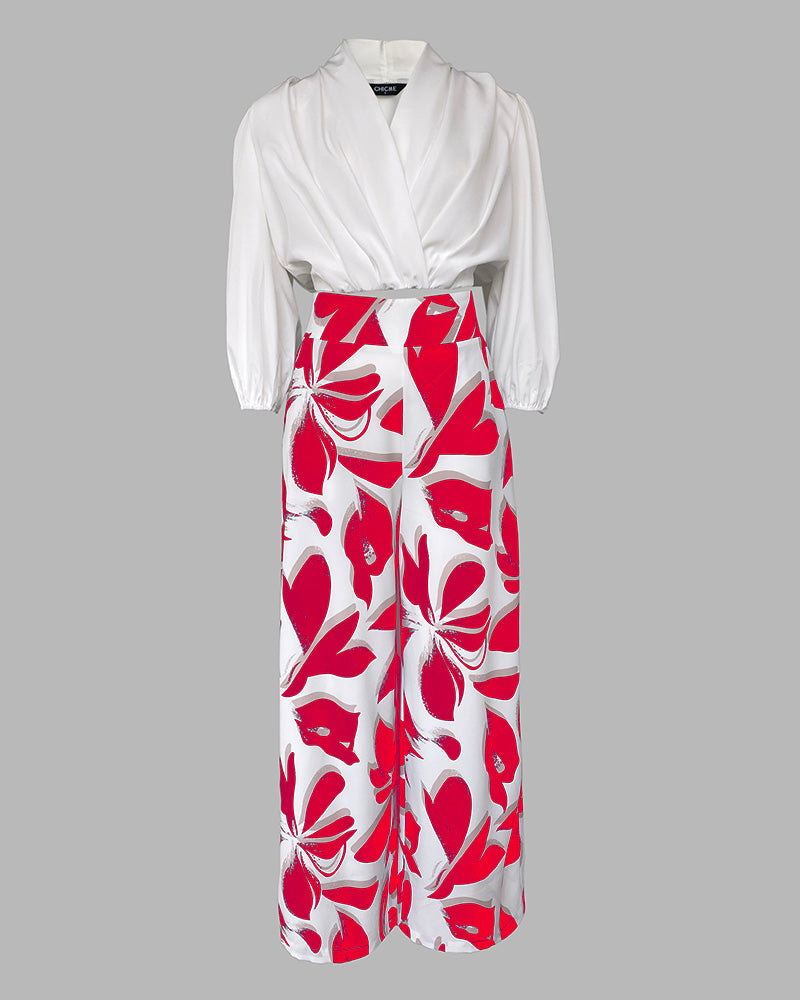 2 Pieces Outfit Wrap Plunge V Neck Crop Blouse and Casual Floral Print Wide Leg Pants Set