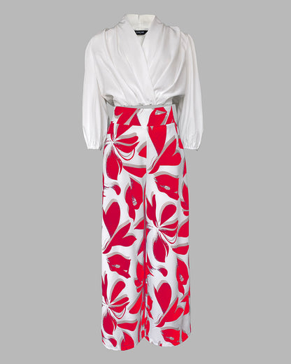 2 Pieces Outfit Wrap Plunge V Neck Crop Blouse and Casual Floral Print Wide Leg Pants Set