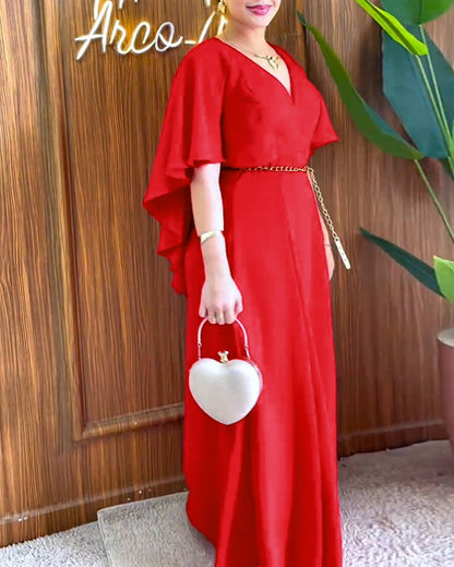 Overlap V-Neck Asymmetrical Ruffles Cape Design Cinched Waist Maxi Dress Elegant Shirred Back Evening Dress without Belt