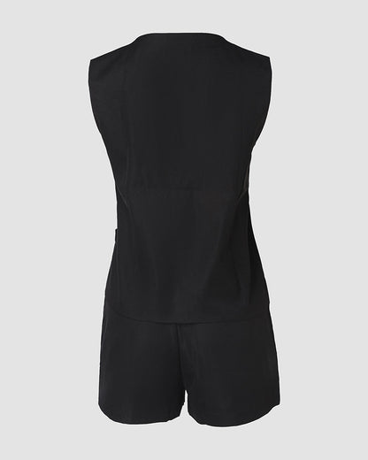 2 Pieces Outfit V-Neck Sleeveless Button Front Vest and Zipper Fly Colorblock Elastic Back Waist Shorts Set Casual Blazer Set