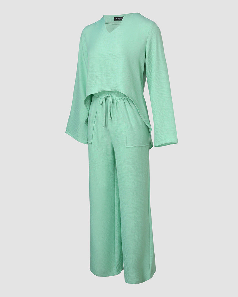 2 Piece Notch Neck Long Sleeve Asymmetrical Hem Tops Stretchy Waist Straight Leg Pants Lounge Sets Tracksuit