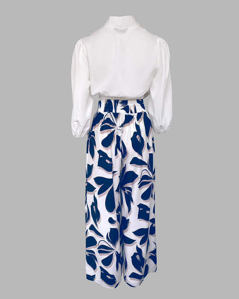 2 Pieces Outfit Wrap Plunge V Neck Crop Blouse and Casual Floral Print Wide Leg Pants Set