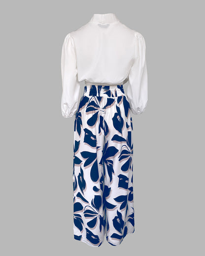 2 Pieces Outfit Wrap Plunge V Neck Crop Blouse and Casual Floral Print Wide Leg Pants Set