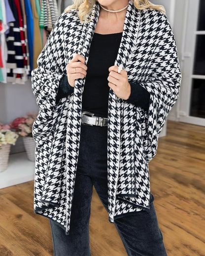 Houndstooth Print Versatile Loose Fit Sweater Coat Casual Warm Cape Shawl