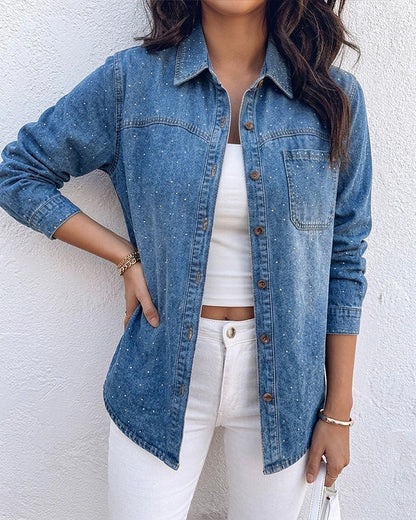 Women's Rhinestone Denim Jacket Washed Button-Down Shacket Sparkling Loose Fit Long Sleeve Casual Outerwear