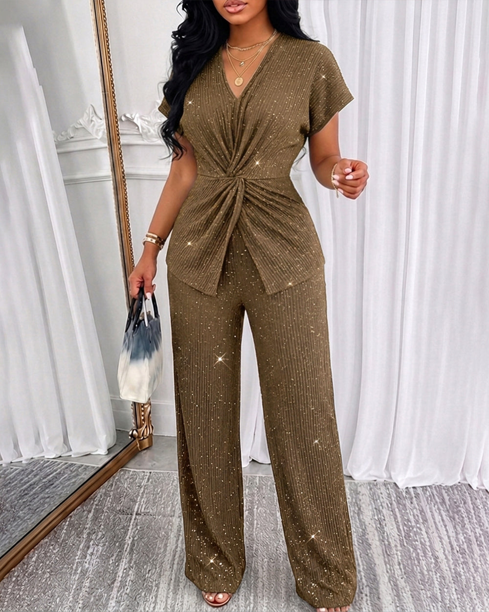 CHICMELIVE Women's 2 Piece Outfits Glitter Twist Top Wide Leg Pants Set