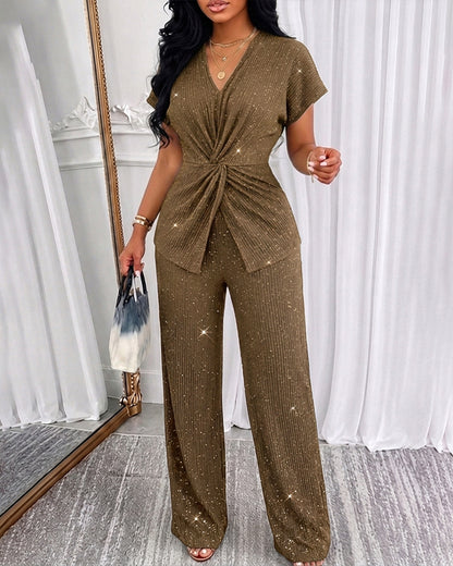 CHICMELIVE Women's 2 Piece Outfits Glitter Twist Top Wide Leg Pants Set