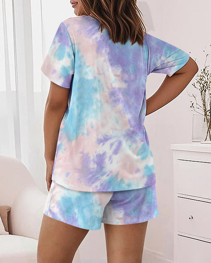 2 Pieces Outfit Letter Print Short Sleeve Top and Elastic Waist Shorts Set Casual Tie Dye Print Pajamas Set with Pockets For Mother's Day