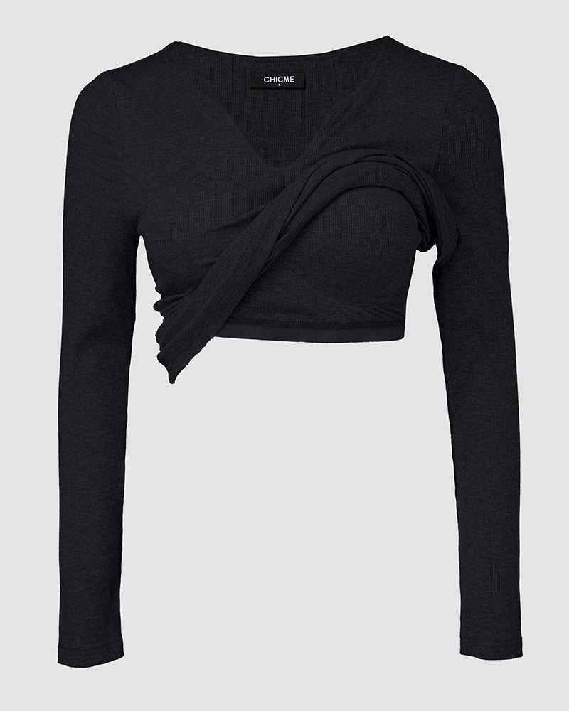 ChicMe Built-in Bra Notch Neck Long Sleeve Shirts Rib-Knit Ruched Waist Top