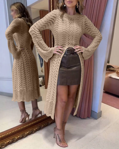 Round Neck Asymmetrical Hem Hollow Out Knitted Sweater Casual Scallop Trim Bell Sleeve Top