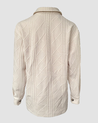 Turn-down Collar Button Front Drop Shoulder Jacket Casual Pockets Design Argyle & Cable Textured Shirt Coat