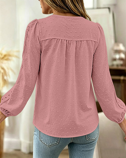 Women's Hollow-Out Lace Spliced Lantern Sleeve Top Elegant 3D Jacquard Chiffon Blouse for Work and Daily Wear