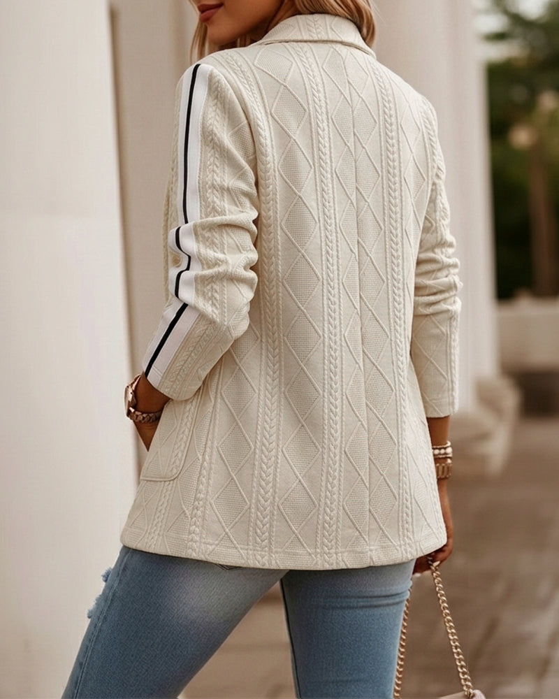 Women's Casual Knit Blazer Argyle Cable Jacquard Contrast Side Striped Coat Loose Fit Single Breasted Blazer