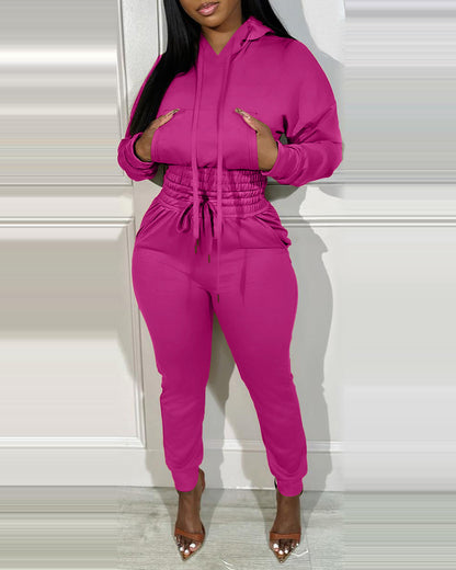 2 Pieces Outfit Drop Shoulder Kangaroo Pocket Stretchy Hem Crop Drawstring Hoodie Sweatshirt and Drawstring Elastic Waist Jogger Sweatpants Casual Tracksuit