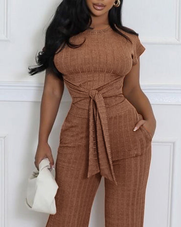 Women's Ribbed 2 Piece Outfits Tied Waist Crop Top and Straight Leg Pants Set Casual Matching Set with Pockets