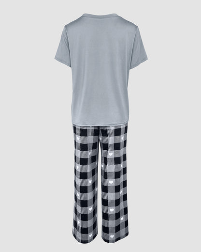 2 Pieces Outfit Cute Letter Print Short Sleeve T-shirt and Plaid Pants Set Loungewear