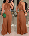 ChicMeLive Women's Halter Tie Wide Leg Jumpsuit Pleated High Waist One-Piece Romper Elegant Sleeveless Evening Party Jumpsuit without Waist Chain