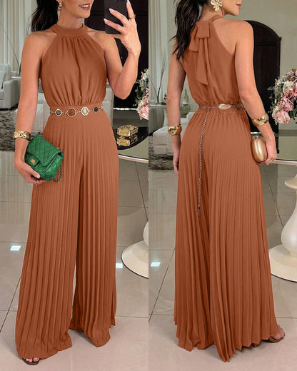 ChicMeLive Women's Halter Tie Wide Leg Jumpsuit Pleated High Waist One-Piece Romper Elegant Sleeveless Evening Party Jumpsuit without Waist Chain