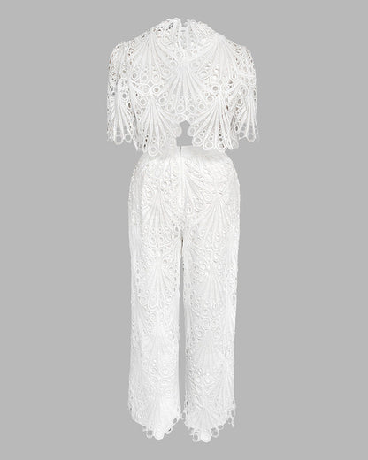 Women's 2-Piece Lace Matching Set Elegant Stand Collar Hollow Out Crop Top and High Waisted Straight Leg Pants Suit with Lining