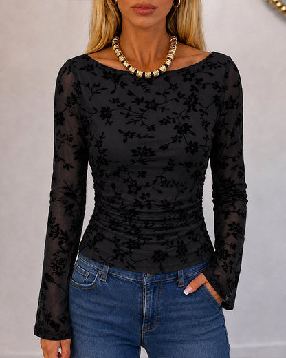 Couture Women's Bell Sleeve Floral Mesh Top