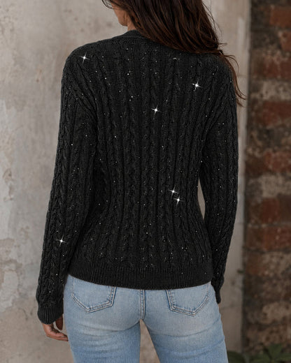 Women's Sequin Cable Knit Cardigan V Neck Button Down Slim Fit Long Sleeve Sweater