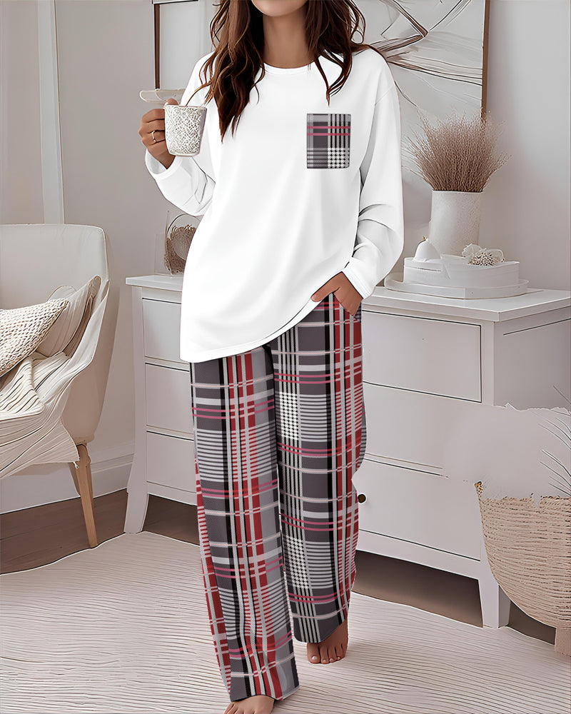 2 Pieces Outfit Plaid Print Pocket Design Long Sleeve Drop Shoulder Top and Plaid Print Elastic Waist Wide Leg Pants Set Casual Pajamas Set