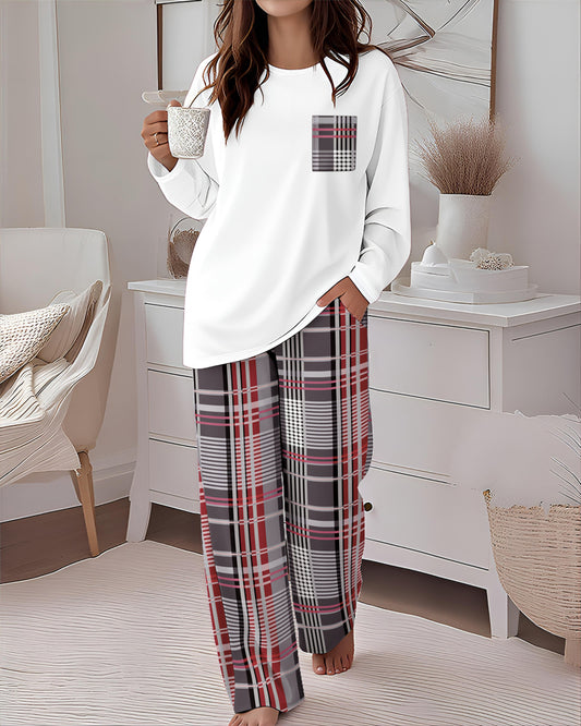 2 Pieces Outfit Plaid Print Pocket Design Long Sleeve Drop Shoulder Top and Plaid Print Elastic Waist Wide Leg Pants Set Casual Pajamas Set