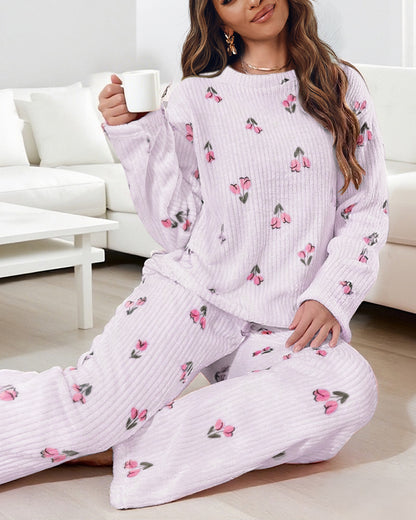 2 Pieces Outfit Floral Print Round Neck Drop Shoulder Top and Elastic Waist Pants Set Casual Ribbed Flannel Pajamas Set