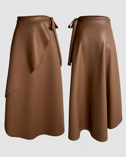 PU Leather Wrap Lace-Up Casual Mid-Length Skirt Work Skirt