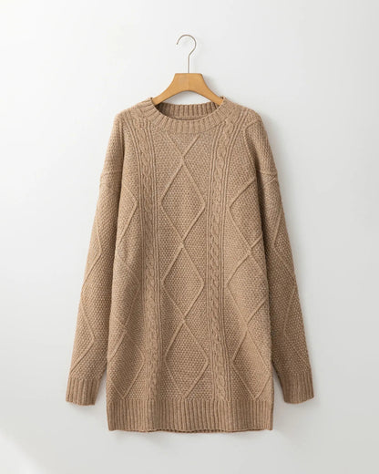 Round Neck Long Sleeve Drop Shoulder Pullover Sweater Casual Loose Fit Cable Knit Mid-length Sweater
