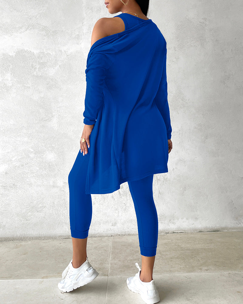 3 Piece Lounge Set Crewneck Sleeveless Tank Top Long Sleeve Open Front Coat Pants Sweatsuit